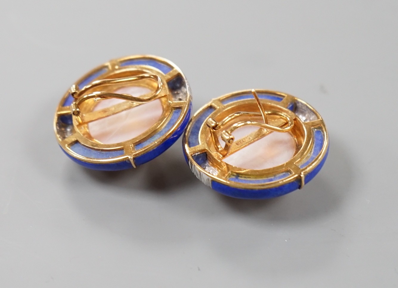 A pair of 585 yellow metal mabe pearl, lapis lazuli and diamond chip set target earrings, 28mm, gross weight 23.3 grams.